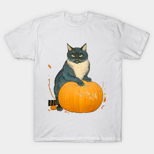 Japanese Cat on a Halloween Pumpkin During the Halloween Season on a light (knocked out) background T-Shirt by Puff Sumo